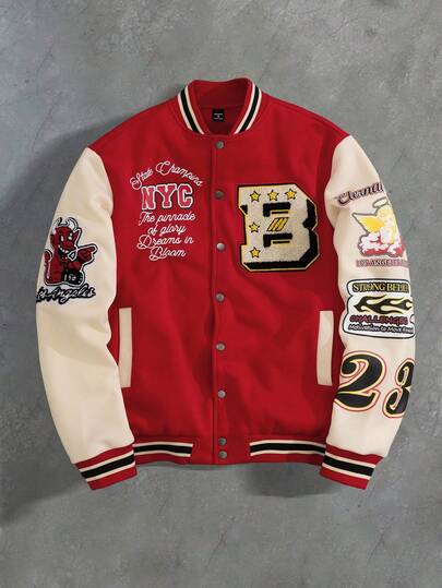 PAVTROS Chaqueta de béisbol de manga larga con contraste de color, parches y estampado de letras para hombre Manfinity Streetrush, un gran regalo para tu novio, de vuelta a la escuela, chaqueta varsity roja, otoño e invierno, chaqueta forrada térmica