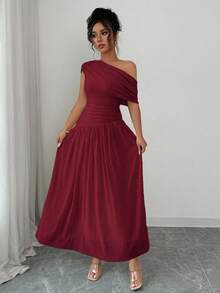 Elenzga Elegancka sukienka damska w jednolitym kolorze w stylu francuskim, dzianinowa asymetryczna plisowana długa sukienka z marszczeniami w talii, luksusowa suknia wieczorowa - Burgund - Zobacz 6