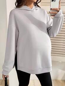 SHEIN Áo nỉ trùm đầu xẻ tà đơn sắc dành cho bà bầu, màu xám nhạt - Xám - Xem 6