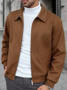 Manfinity CasualCool Men's Brown Long Sleeve Zip-Up Jacket, Suitable For Everyday Wear,Regular Style Of Men's Casual Commuting Suede Zipper Lapel Jacket,Men's Casual Commuting Suede Zipper Lapel Jacket Regular Style 2025 Autumn/Winter New Men's Outerwear