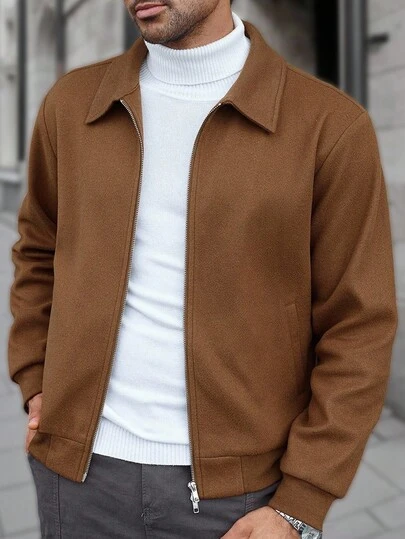 Manfinity CasualCool Men's Brown Long Sleeve Zip-Up Jacket, Suitable For Everyday Wear,Regular Style Of Men's Casual Commuting Suede Zipper Lapel Jacket,Men's Casual Commuting Suede Zipper Lapel Jacket Regular Style 2025 Autumn/Winter New Men's Outerwear