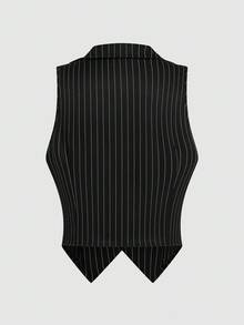 Lyrianda 2 件大码女式条纹翻领单排扣背心和宽松长裤休闲西装，高腰 - 黑與白 - 查看 6