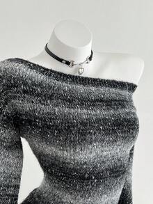 Elamini 1pc Women's Unique Oblique Shoulder Colorblock Striped Lurex Waist Fitted Flare Sleeve Knit Sweater, Fashionable & Casual, Autumn/Winter - Black - View 6