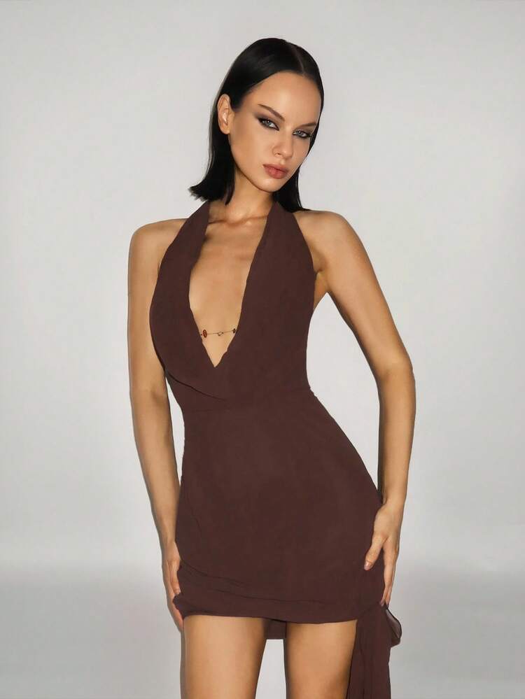 SHEIN ICON Đầm mini hở lưng đính đá cổ khoét sâu quá khổ - màu nâu - Xem 3