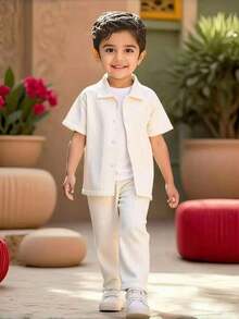 SHEIN Young Boy Solid Texture Short Sleeve Shirt And Long Pants Two-Piece Set - White - View 8