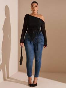 SHEIN BAE 女性加大碼高腰修身牛仔褲 - 藍色 - 查看 7