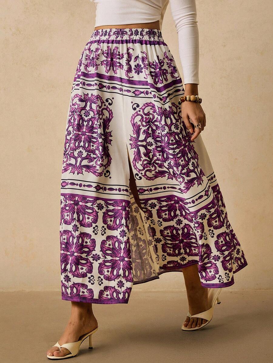 Travachic Chân váy chữ A cạp chun in họa tiết màu tím cỡ lớn có xẻ tà bên hông, dáng rộng cho nữ - Màu tím - Xem 1