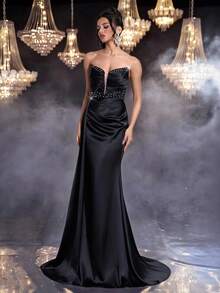 Glamrae 优雅、浪漫、性感、简约的黑色缎面亮片拼布亮片装饰露肩深 V 领褶饰紧身鱼尾礼服，侧开衩拖尾，时尚、网红、节日、生日派对、婚礼、正式晚会 - 黑色 - 查看 7