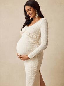 Boho Mama Váy dệt kim ôm dáng cổ chữ V màu trơn cho bà bầu - Màu be - Xem 4
