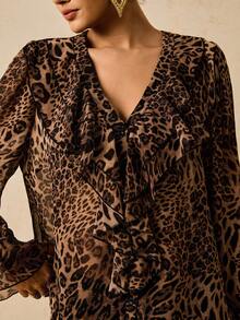 Travachic Plus Size Women Chiffon Floral Print Long Sleeve Blouse, Leopard Print Ruffle Hem Shirt,Fall Clothes For Women - Multicolor - View 4