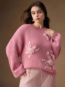 Anewsta 新款加厚套头毛衣，秋冬畅销款，时尚3D立体花卉针织圆领毛衣，宽松舒适针织上衣，大码毛衣外套，女士冬季服装 - 粉色 - 查看 5