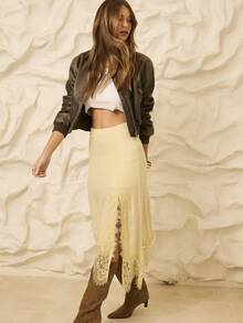 Aralina 秋冬缎面外出半身裙，镂空蕾丝边饰，可爱又时尚，适合圣诞节、假期、感恩节、情人节等各种场合。 - 黃色 - 查看 6