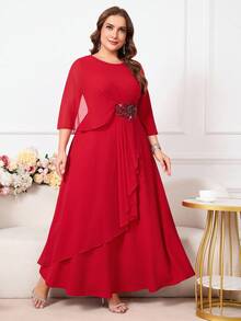 Reflora 大码纯色荷叶边网眼拼布优雅连衣裙 - 紅色 - 查看 7