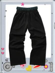 ROMWE MEN Paul Frank X ROMWE Men KPOP Cartoon Pattern Pants, American Street Style Design, Striped Waistband Patchwork Print Sweatpants, Fall - Black - View 2