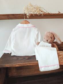 女婴舒适纯棉长袖开衫上衣，带心形刺绣口袋和裤子家居服套装，可爱时尚，春秋季女婴睡衣，9个月-3岁，白色粉色睡衣，秋冬季