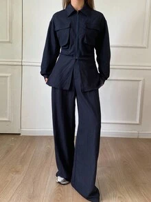 DAZY 2pcs/Set Women Navy Blue Autumn Smart Casual Office Long Sleeve Zipper Pleated Collar Pocket Waist Cinched Flare Leg Pants Lounge Sets Street Wear - Navy Blue - View 3