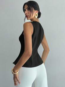 Firerie Women's Elegant Refined Romantic Commuter New Fashion Daily Metal Button Waist A-Line Hem Sleeveless White Blouse Top Black Tops