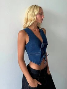 Aloruh Women's 70s Casual Slim Fit Denim Vest With Tie Strap, Bow, Women Tank Tops, Blue