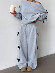 SHEIN 青少年女孩休闲日常时尚斜肩侧蝴蝶结直筒裤套装 - 灰色 - 查看 2