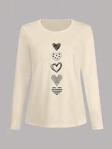 EMERY ROSE Heart Pattern T-Shirt, Women's Casual Round Neck Long Sleeve Top, Suitable For Spring And Autumn, Love Gift - Apricot - View 3