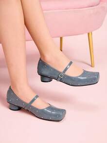 CUCCOO DOLLMOD Damen Quadratische Zehenkappe Nieten Dekor Schwarze Quadratische Zehenkappe High Heel Mary Jane Schuhe, Zylinderabsatz, klassischer Retro Stil