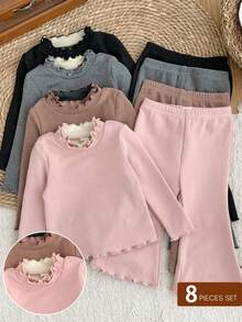 LMoss Kids 8件套女婴针织波浪领T恤和裤子套装 - 彩色 - 查看 6