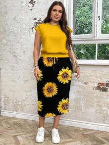 SHEIN LUNE 2 件套休闲向日葵印花宽松圆领大码女式上衣和裙子套装，适合秋冬季