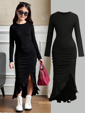 SHEIN Tween Girl Casual Elegant Round Neck Long Sleeve Asymmetrical Hem Ruffle Trim Long Fitted Solid Color Knit Maxi Dress, Black, Suitable For Halloween Party, Home, Outdoor, School, Gathering Fall Winter