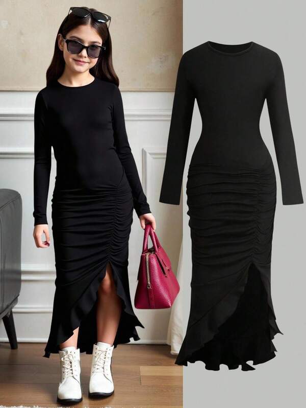 SHEIN Vestido maxi de punto de unicolor con cuello redondo, manga larga, dobladillo asimétrico con volantes, adecuado para fiesta de Halloween, hogar, exterior, escuela, reunión, para niña preadolescente de estilo casual y elegante