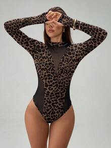 Almamuse Petite Women's Fashion Leopard Print Mesh Patchwork Long Sleeve Fingerhole Bodysuit Leopard Bodysuit - Brown - View 5