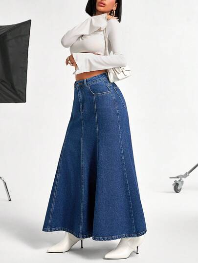 EURMUSE Dark Wash Denim Mermaid Skirt Women's Casual Long Plain Design With Zipper