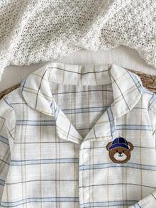 男婴柔软舒适蓝白格子布可爱小熊刺绣长袖连体睡衣新生儿男宝宝连体衣格子婴儿服男宝宝连体衣新生儿睡衣男宝宝新生儿服装新生儿秋装男宝宝冬季连体衣 - 白色 - 查看 3