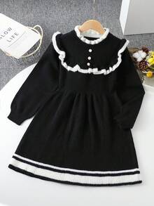 SHEIN 青少年女孩时尚黑色针织长袖毛衣裙，秋冬休闲针织裙 - 黑色 - 查看 2