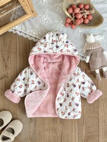 Baby Girl Pink Hooded Zipper Long Sleeve Jacket, Autumn/Winter Fall - Pink - View 4