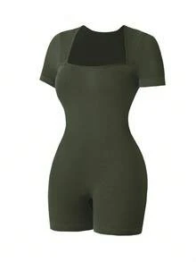 Gameset SHEIN Sport 无缝罗纹高弹力瑜伽运动连体裤 - 軍綠色 - 查看 3