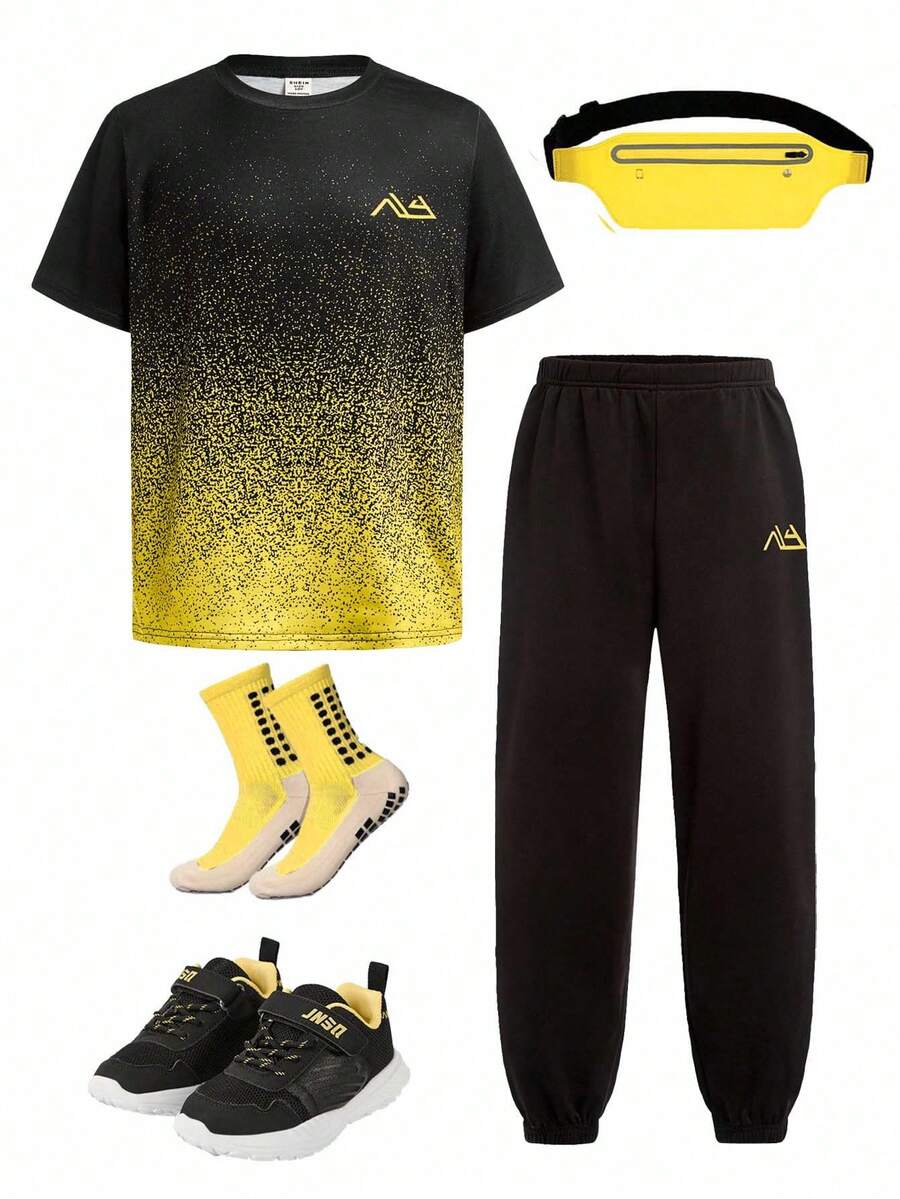 SHEIN 2件套青少年男孩休闲图案印花圆领短袖T恤和慢跑裤套装 - 黃色 - 查看 1