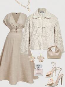 SHEIN MOD Plus Size Khaki Faux Fur Jacket, Loose Fit Faux Fur Coat For Autumn/Winter,Faux Plush Coats, Winter Coats, Fall Coats, Button Coats,Winter Coats,Autumn Coats,Fall  Coats,Fur Coat,Winter Coat - Khaki - View 1