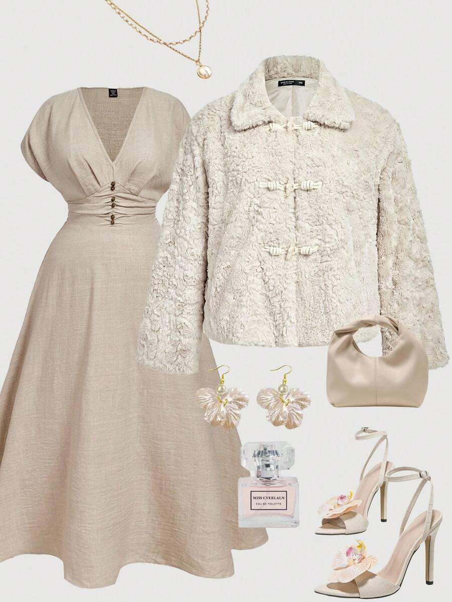 SHEIN MOD Plus Size Khaki Faux Fur Jacket, Loose Fit Faux Fur Coat For Autumn/Winter,Faux Plush Coats, Winter Coats, Fall Coats, Button Coats,Winter Coats,Autumn Coats,Fall  Coats,Fur Coat,Winter Coat - Khaki - View 1