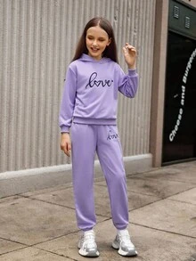 Hanevo 3 件套 Tween 女童冬季纯色加垫背心、字母印花连帽运动衫和休闲裤套装 - 淡紫色 - 查看 3