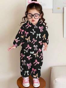 SHEIN Süßer Schleifendruck, Schwarz, Schul-Stil, französisch-retro-süß, Baby Mädchen lässig locker bequem Strick weicher Hoodie Trainingsanzug Set, geeignet für Herbst/Winter - Verschiedenfarbig - Übersicht 3