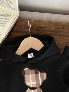 SHEIN Baby Boy Casual Minimalist Cartoon Bear Pattern Knitted Soft Loose Hoodie Sweatshirt Set, Suitable For Autumn/Winter Fall - Black - View 4