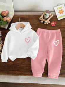 女婴可爱简约手绘心形图案米色针织柔软连帽宽松长袖卫衣和裤子套装，适合秋冬季 - 彩色 - 查看 1