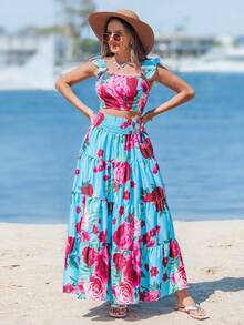 Sylviya 花卉印花荷叶边短款上衣和层叠荷叶边下摆半身裙 - 彩色 - 查看 5