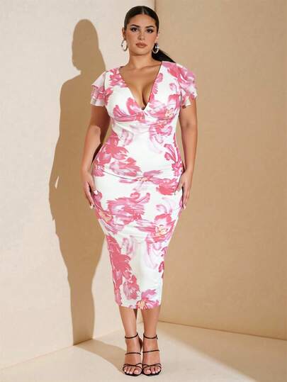 SHEIN BAE Plus Size Women Elegant Large Floral Mesh Print Bodycon V-Neck Dress, Long Length, Fitted, Arm Flattering, Suitable For Daily, Outing, Date, Afternoon Tea, Vacation, Spring/Summer, Back To School Season Dresses For Women Elegant Women Formal