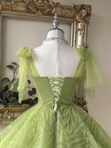 Lovelzi 优雅浅绿色网纱无肩带系带蝴蝶结刺绣贴花A字薄纱层叠毕业/生日/婚礼/正式派对礼服、舞会礼服、下午茶礼服、毕业典礼礼服、女士毕业礼服、返校礼服、情人节礼服 - 薄荷綠 - 查看 7
