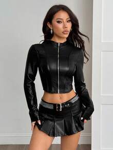 SHEIN PETITE 秋冬时尚性感黑色立领短款修身夹克 - 黑色 - 查看 8