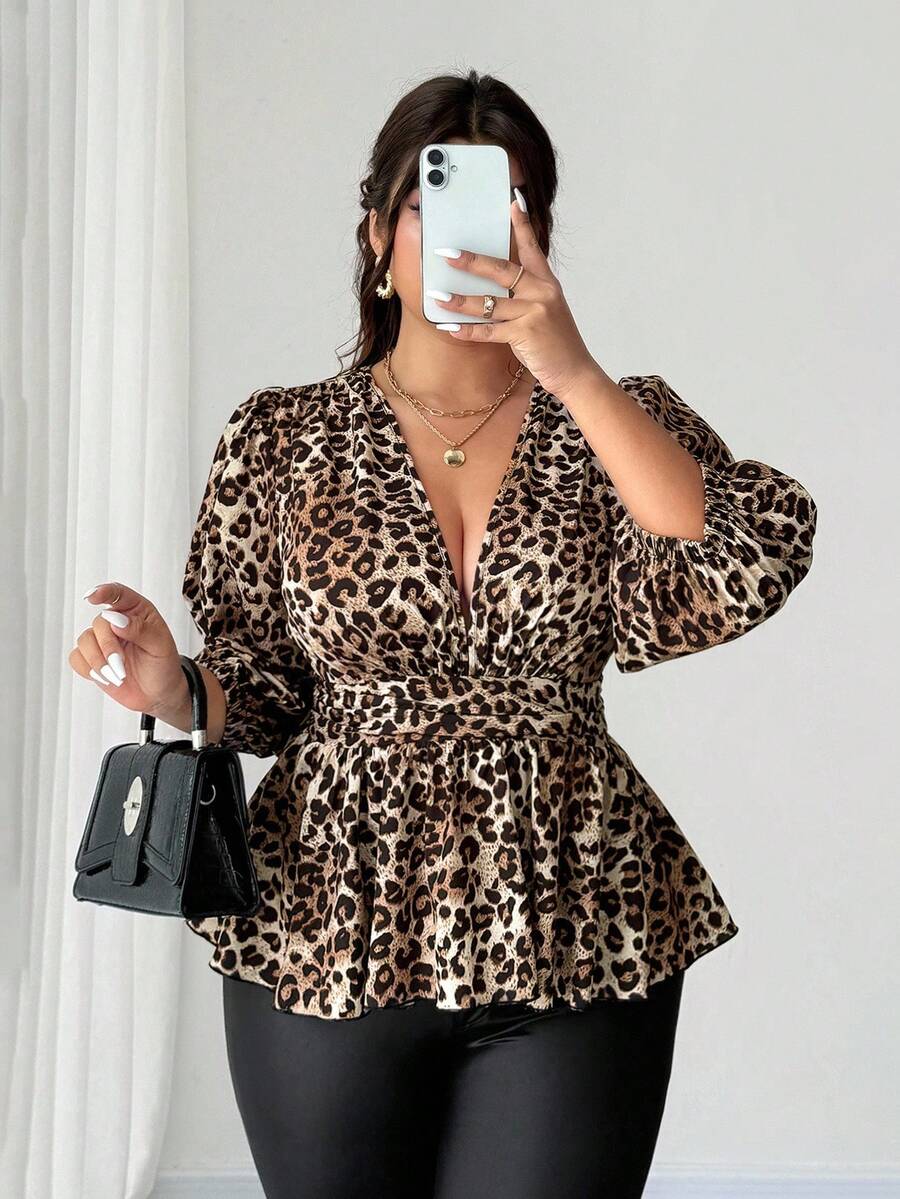 Elenzga 大码女式性感V领灯笼袖荷叶边上衣，度假风格，春秋季 - 棕色 - 查看 1