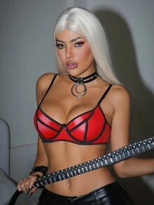 SHEIN Áo ngực nữ không dây phối ren PU màu tương phản dễ thương, mặc hàng ngày - Đỏ - Xem 5