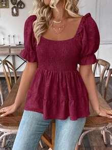 SHEIN LUNE 女式泡泡袖上衣，配收腰荷叶边上衣 - 酒紅色 - 查看 6