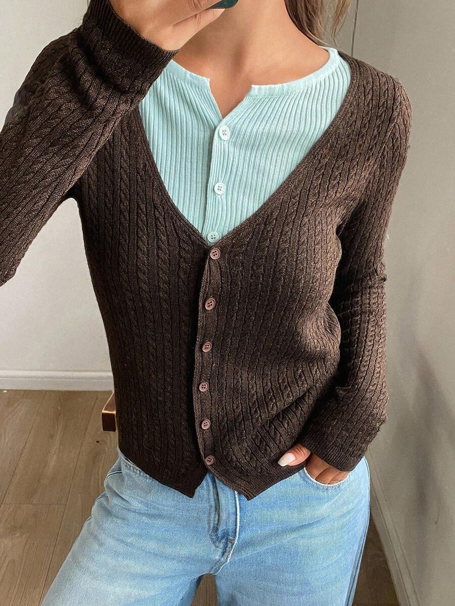 DAZY Áo khoác cardigan dệt kim dài tay cổ tròn màu tương phản 2 trong 1 dành cho nữ, mùa thu - màu nâu - Xem 1